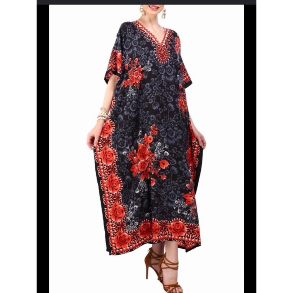 Miss Lavish Black Floral Kaftan Dress XL Soft Boho Flowy